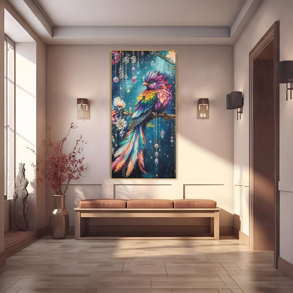 Tablou canvas cu tablou canvas cu pasare colorata si cristale, in rama de aluminiu auriu